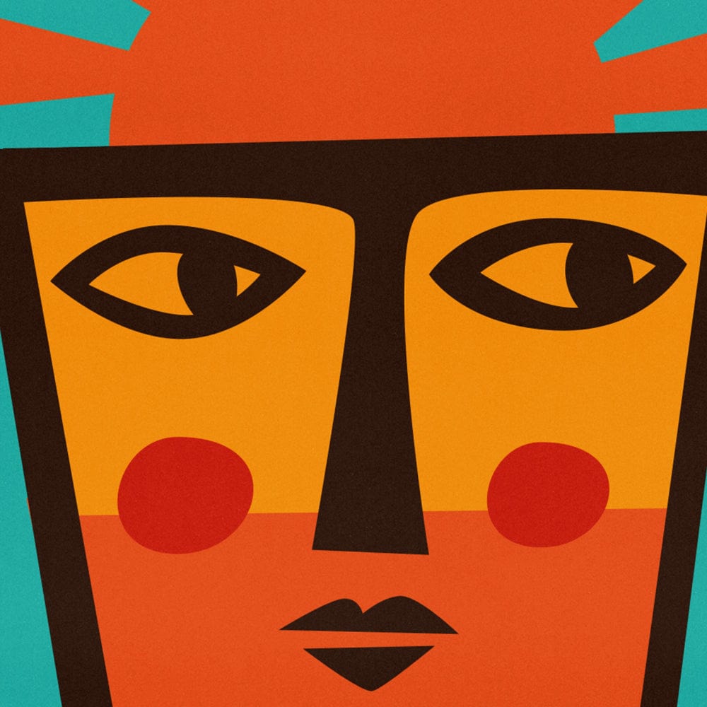 Close-up of stylised face and graphic sun rays in the Tequila Sunrise art print, rich in colour and contrast