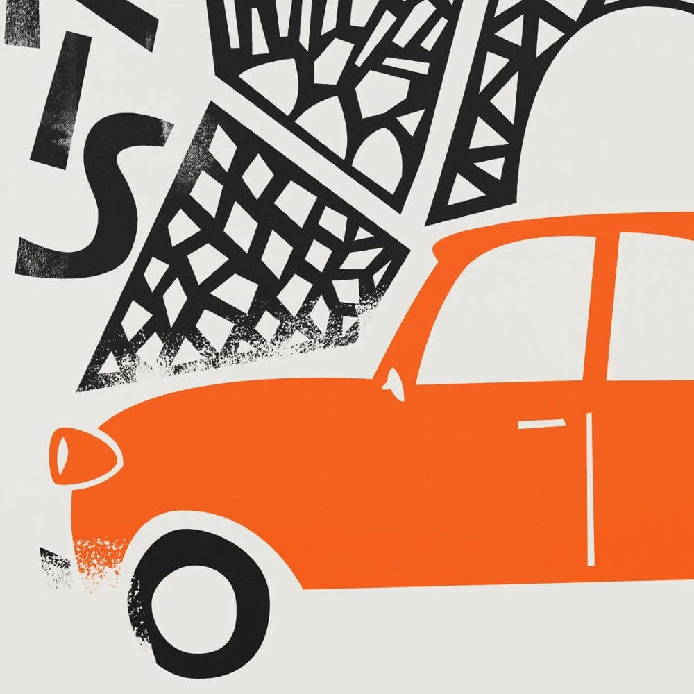 Close-up view of the red vintage car in the Paris print, showing simplified yet stylish lines with bold contrast against the architectural backdrop.