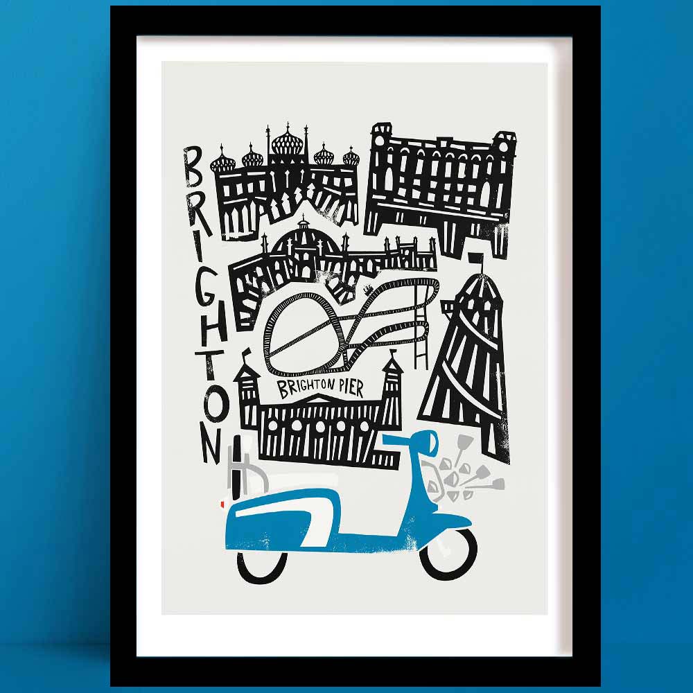 Illustrated Brighton print showcasing the Royal Pavilion, Brighton Pier, and seafront houses, topped off with a bold blue vintage-style scooter.