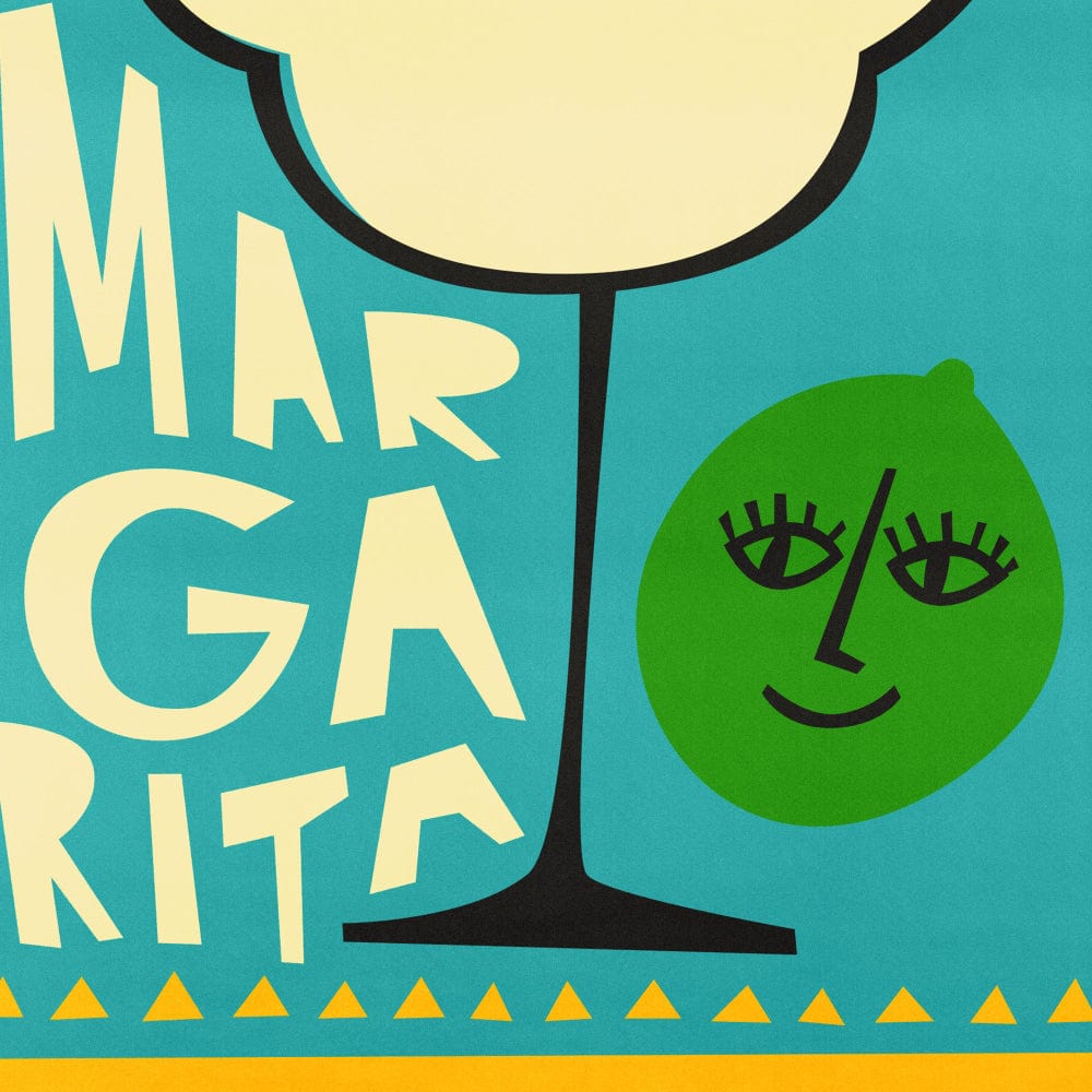 Close-up of the Margarita print showing hand-drawn typography and a stylised smiling lime nestled by the glass stem.