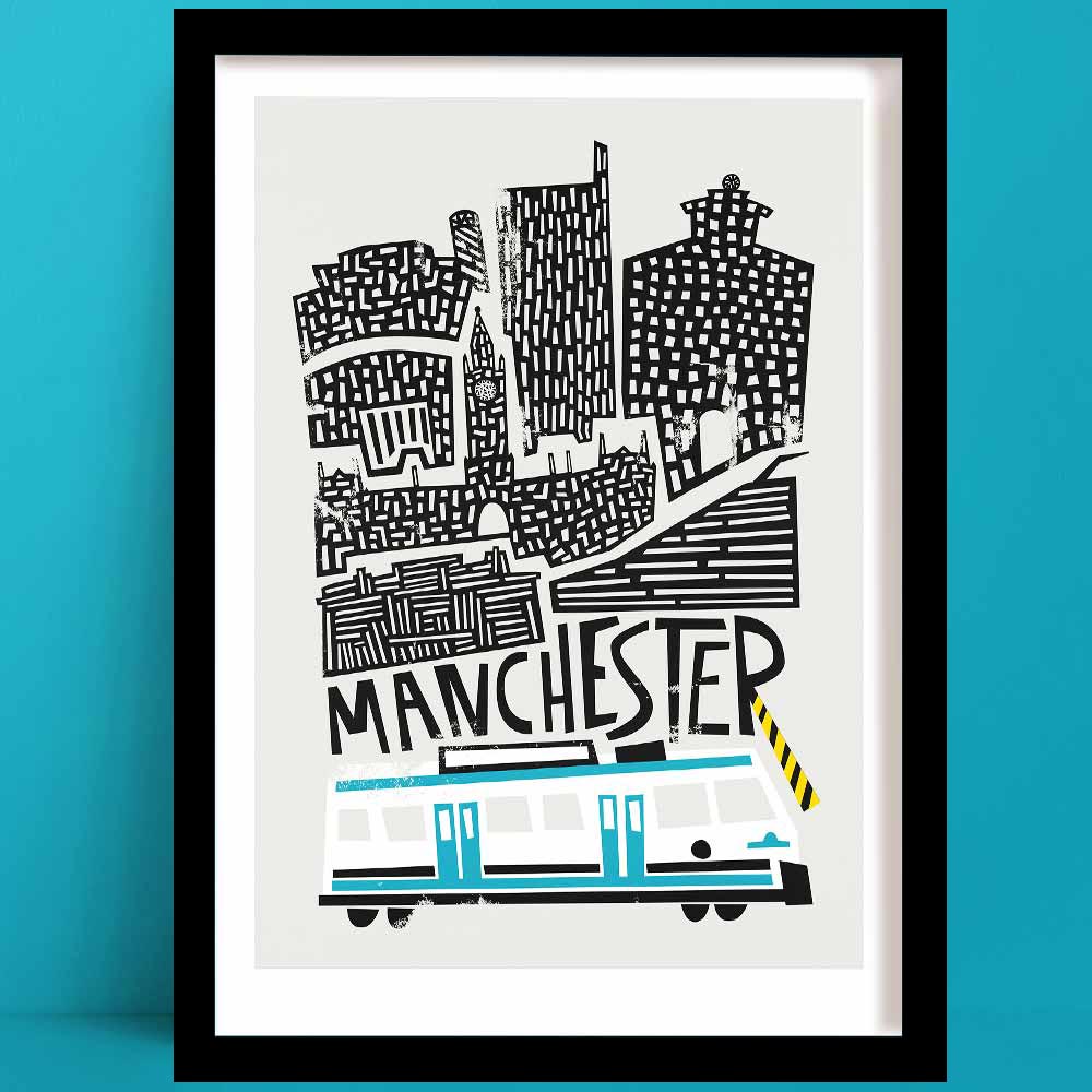 Our Manchester print is a bold illustrated illustration of the city's skyline, featuring architectural icons like town hall, with a cool-toned blue tram running beneath the hand-lettered name.