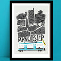 Our Manchester print is a bold illustrated illustration of the city's skyline, featuring architectural icons like town hall, with a cool-toned blue tram running beneath the hand-lettered name.