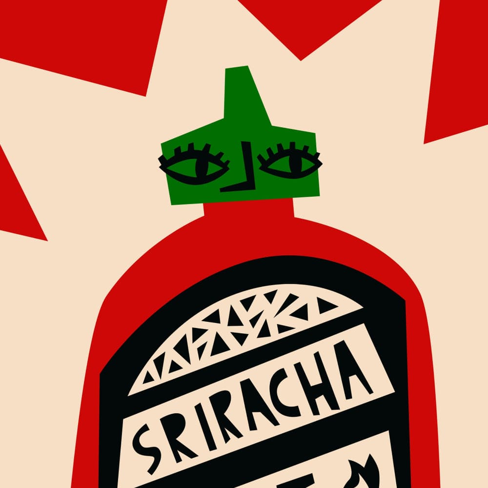 Close-up of sriracha bottle cap and stylised green-eyed face illustration on a bold background.