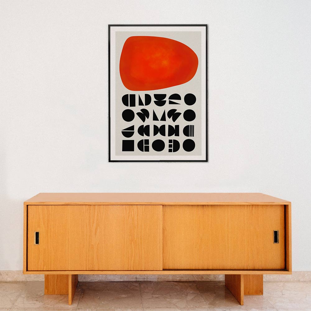 Wooden cabinet with a modern abstract art print on the wall