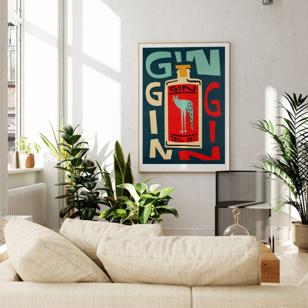 Gin-themed wall art framed in a bright, leafy living room with modern decor.