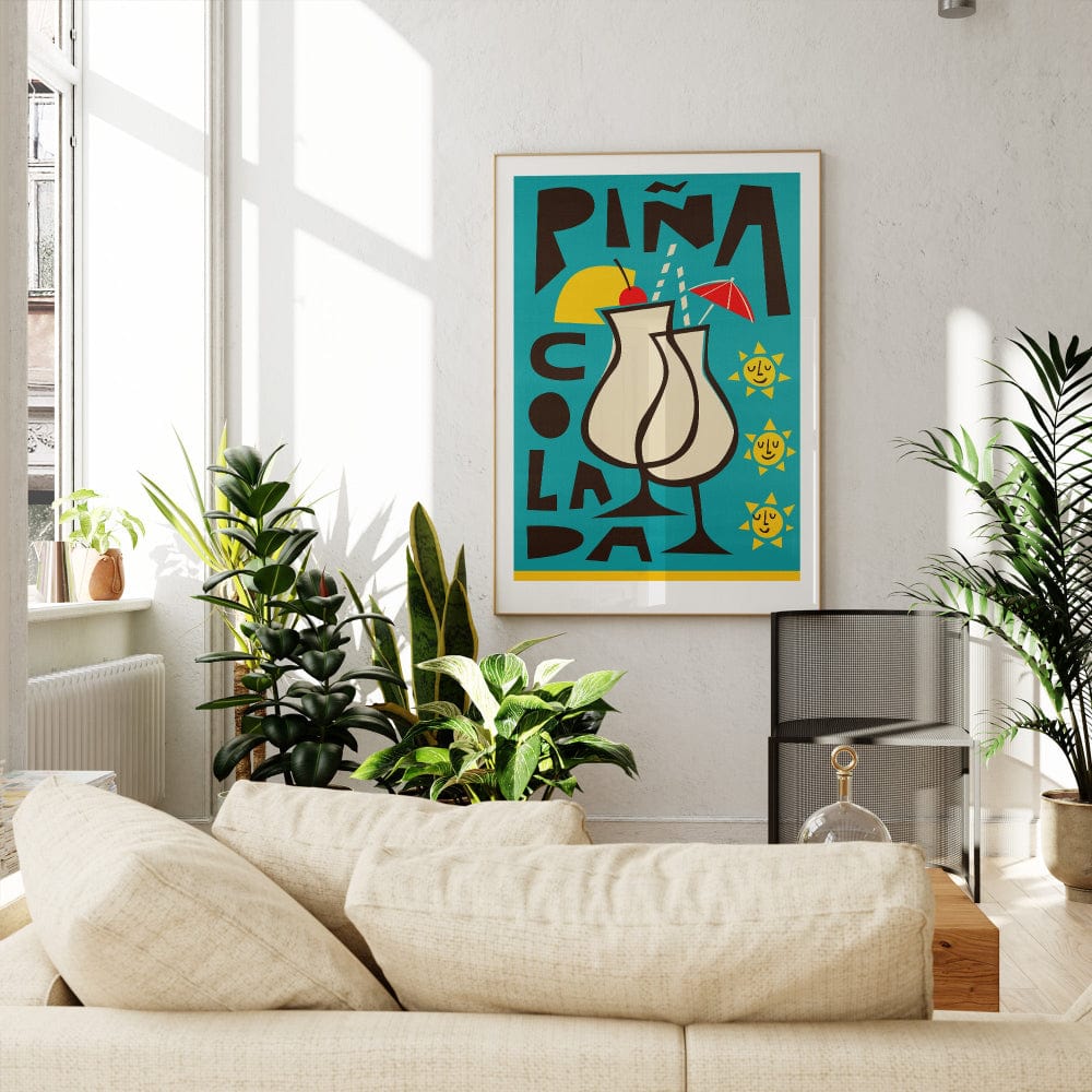 Tropical cocktail artwork brightening up a natural, plant-filled living room with holiday energy.