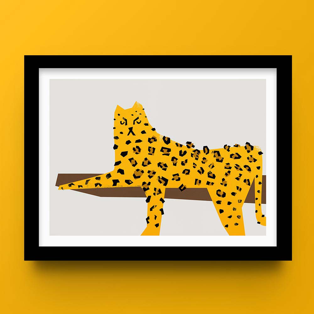 A leopard wall art print with a stylised yellow leopard reclined on a branch in this bold graphic artwork.