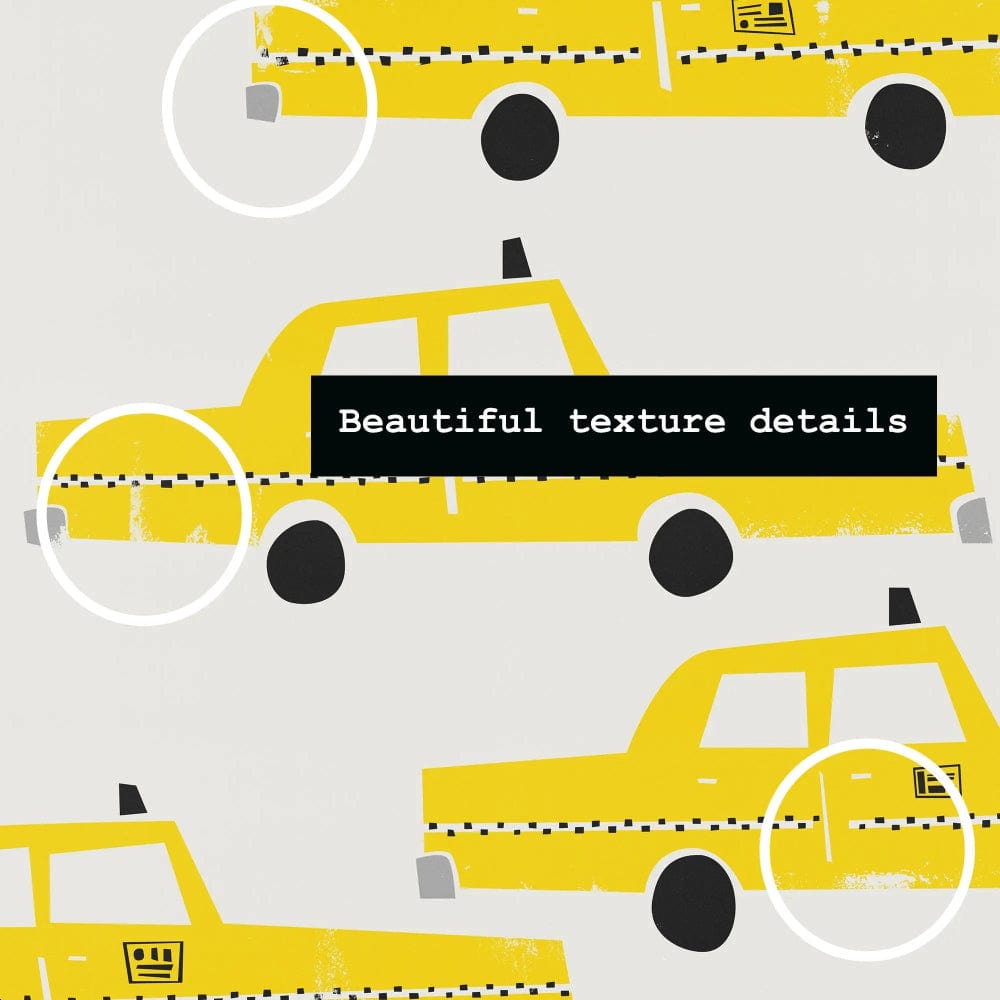 Detailed view of the yellow taxi artwork showing rich textured details and crisp screen-printed style elements like tyres and checkerboard striping.