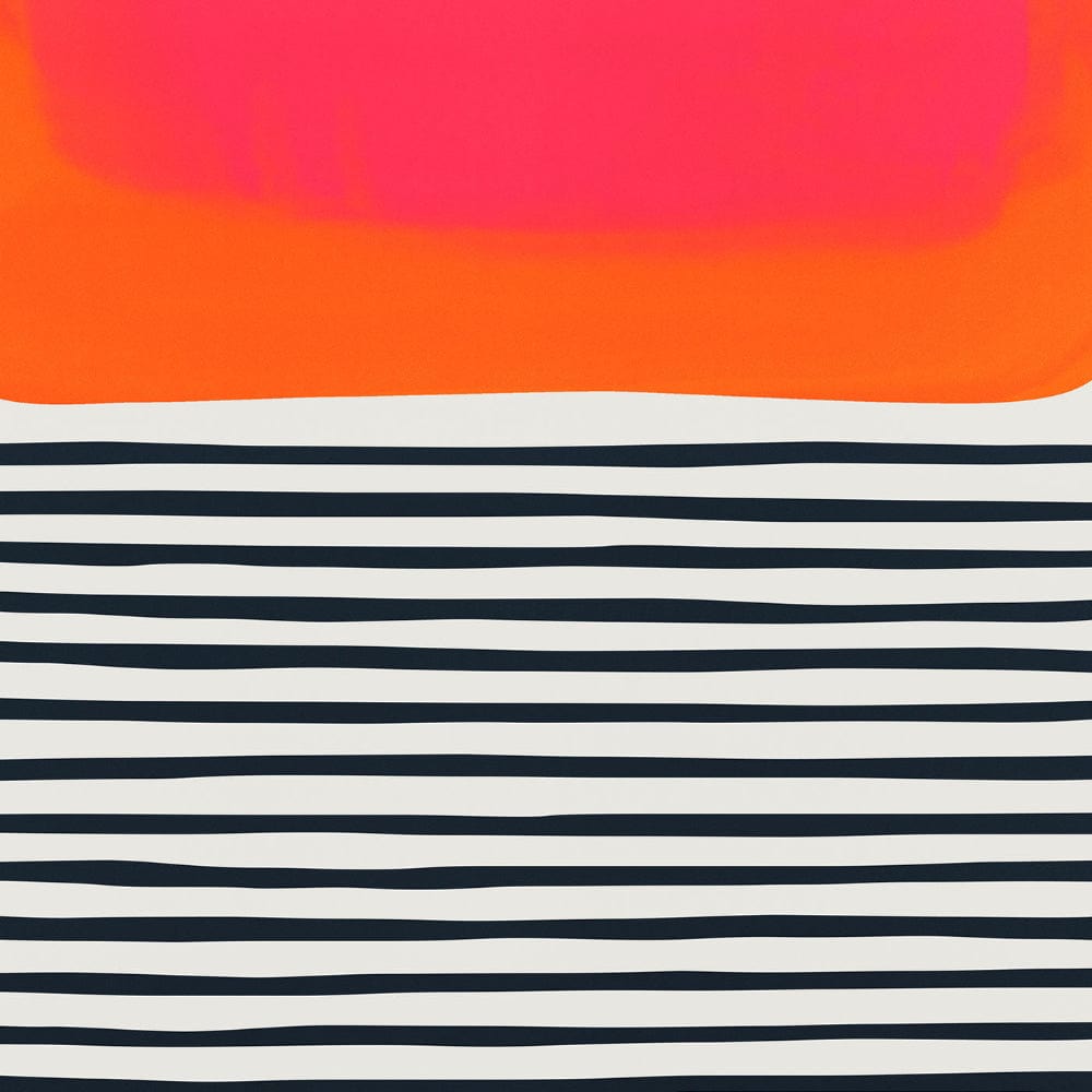 A vivid coral paint block blending into white, resting above a calm pattern of inked stripes.