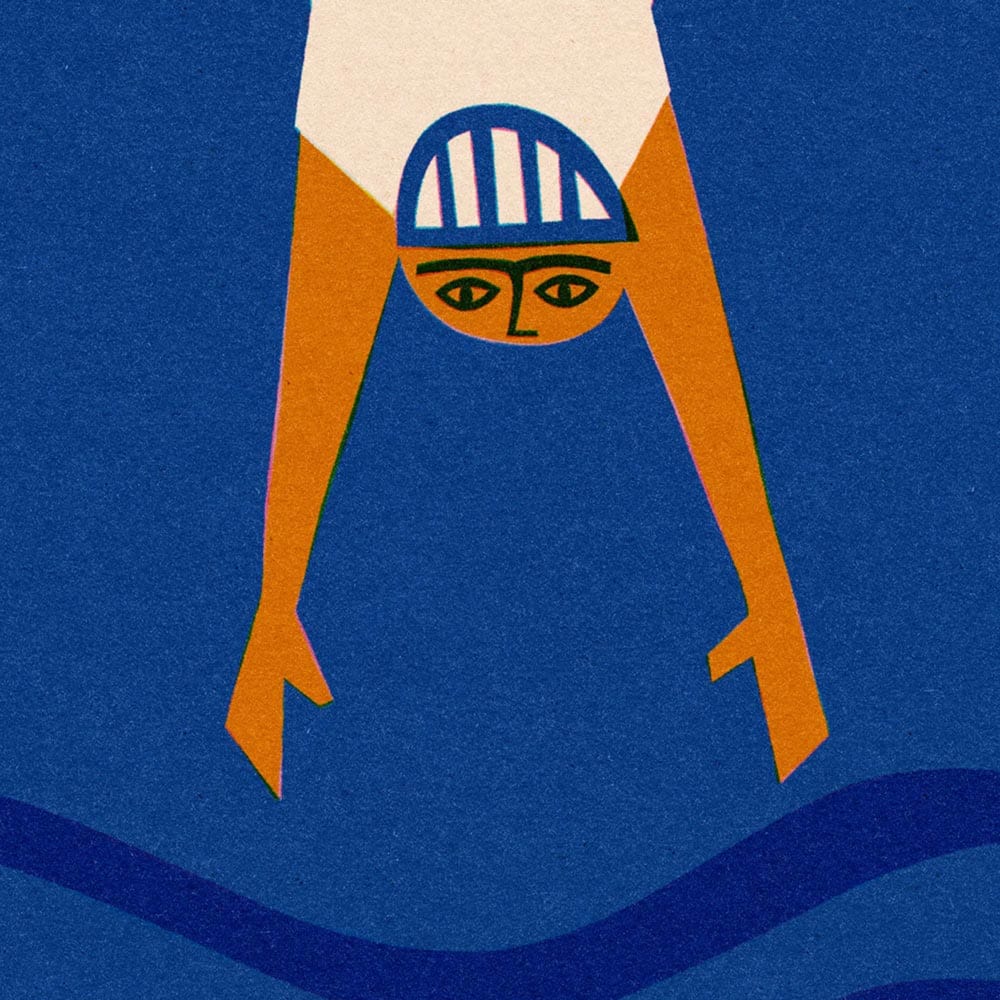 Close-up of diving swimmer with striped cap and stylised waves in retro blue palette