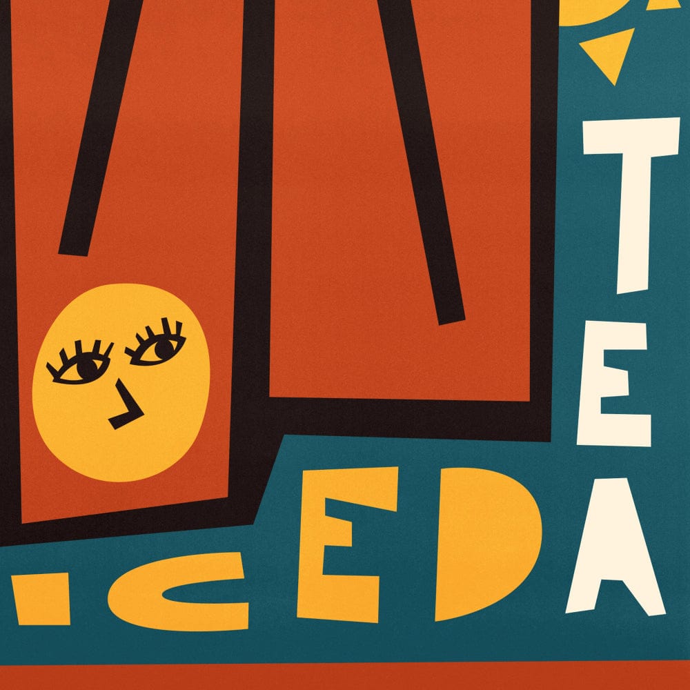 Close-up of the Long Island Iced Tea print showing bold lettering, lemon slice with lashes, and twin straws in an amber-hued glass.