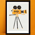 A retro cine camera print issn inspired illustration of a classic film camera with dual reels, bold orange body, and long tripod legs, evoking mid-century design with a modern twist.