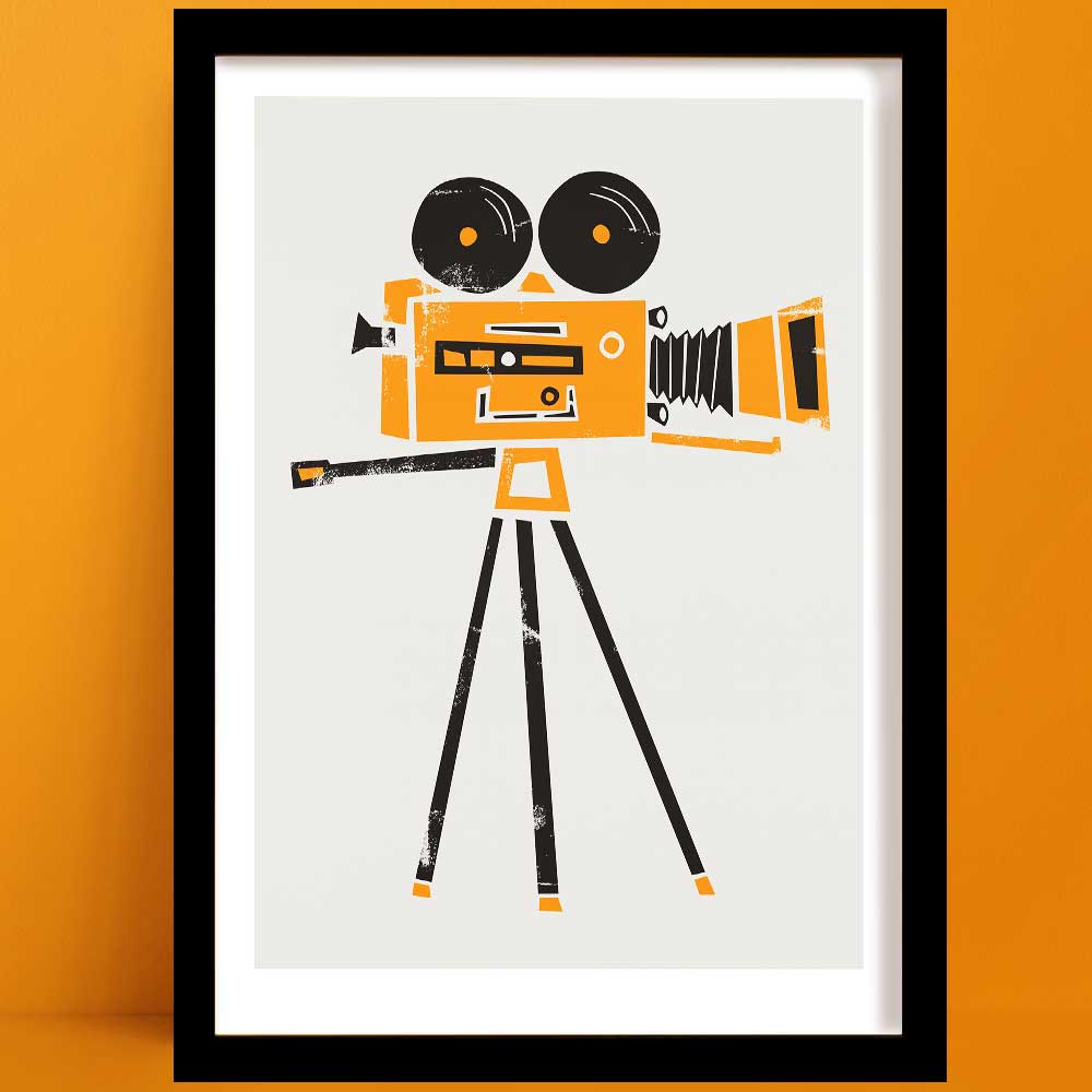 A retro cine camera print issn inspired illustration of a classic film camera with dual reels, bold orange body, and long tripod legs, evoking mid-century design with a modern twist.