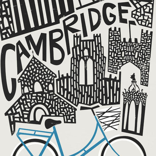 Close-up of the Cambridge print showing hand-drawn architectural features and the word “Cambridge” integrated into the cityscape with fine line detail.