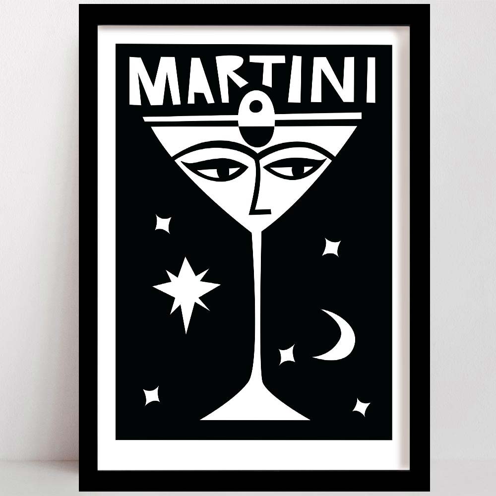 our martini print with Striking black and white art print of a martini glass with a stylised face, surrounded by celestial motifs including stars and a crescent moon.