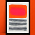A Sunset Ripples Abstract Art Print, with a glowing coral-orange block hovering over layered black lines.