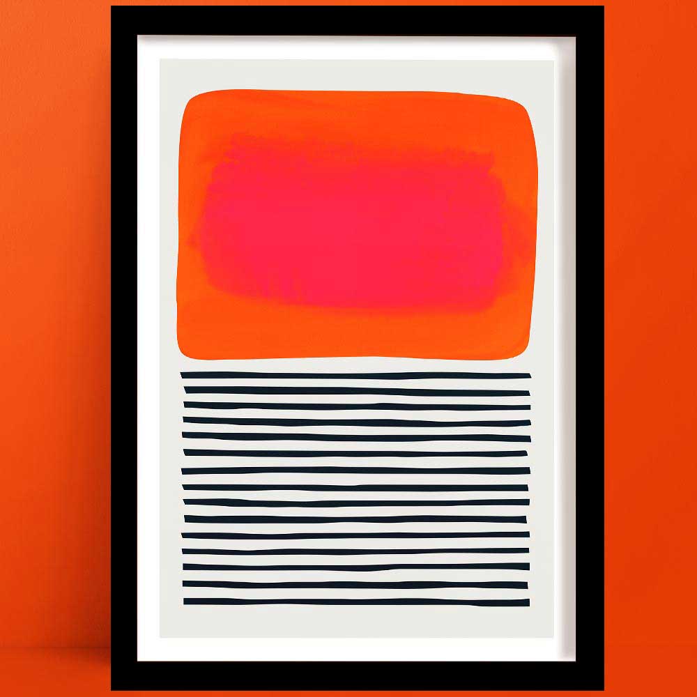 A Sunset Ripples Abstract Art Print, with a glowing coral-orange block hovering over layered black lines.