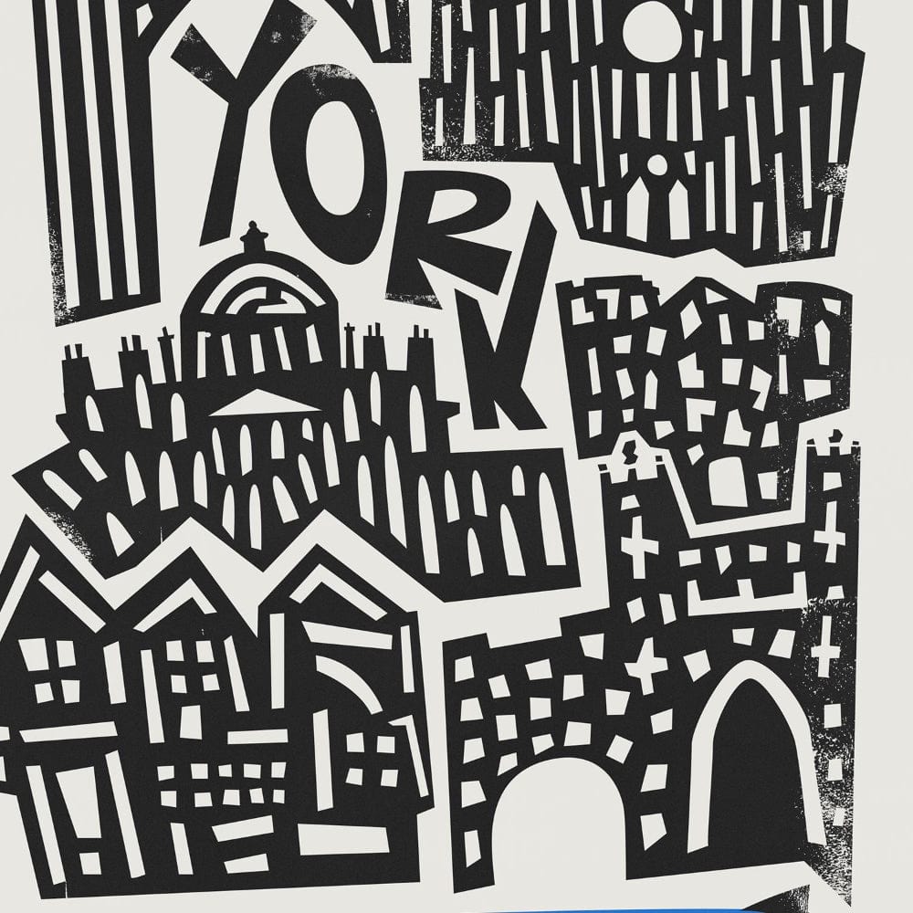 Zoomed-in view of York print showing hand-drawn architectural textures and the playful “YORK” text nestled among rooftops.