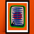 Anchovies food print in olive oil, in black frame, retro tin illustration with bold colours