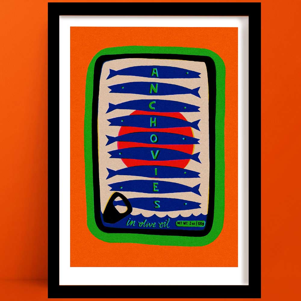 Anchovies food print in olive oil, in black frame, retro tin illustration with bold colours