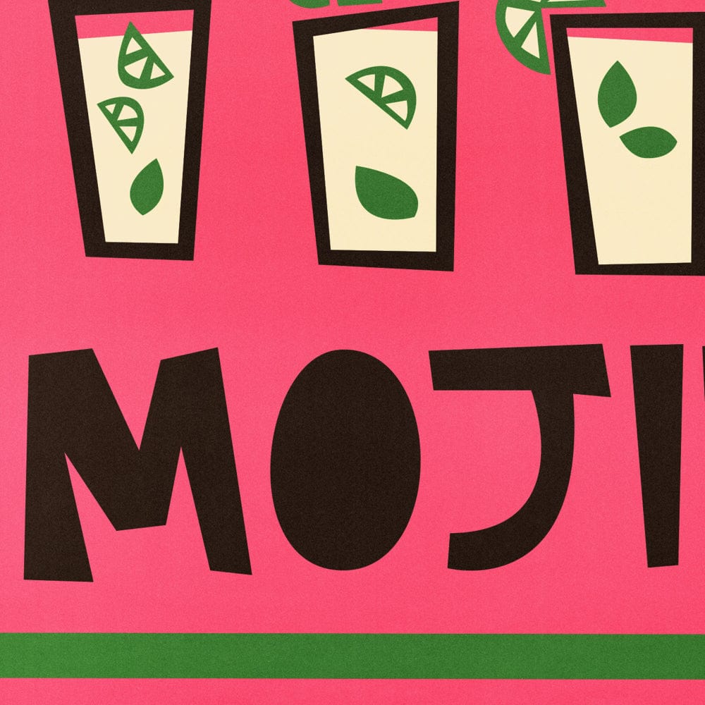 Close-up of the Mojito artwork showing minimalist drink illustrations and chunky hand-drawn text across a vivid pink backdrop.