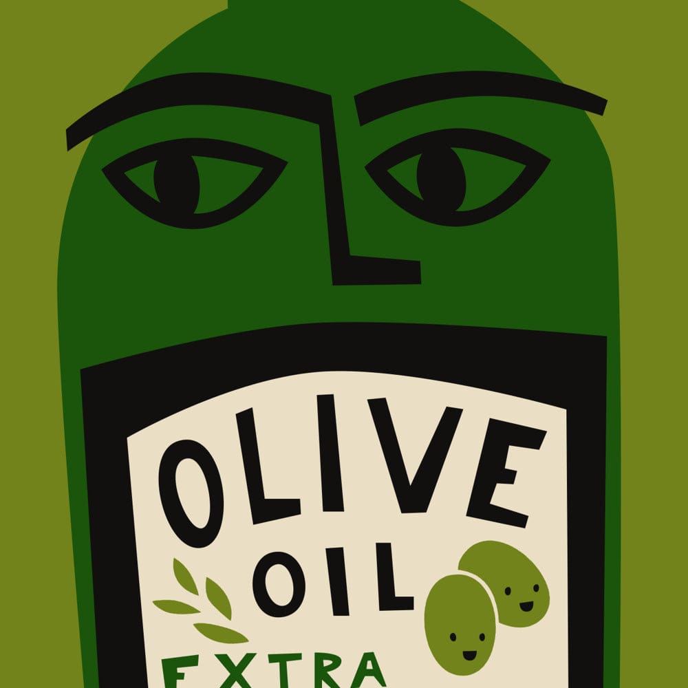 Close-up of olive oil bottle label with face illustration and graphic extra virgin text.