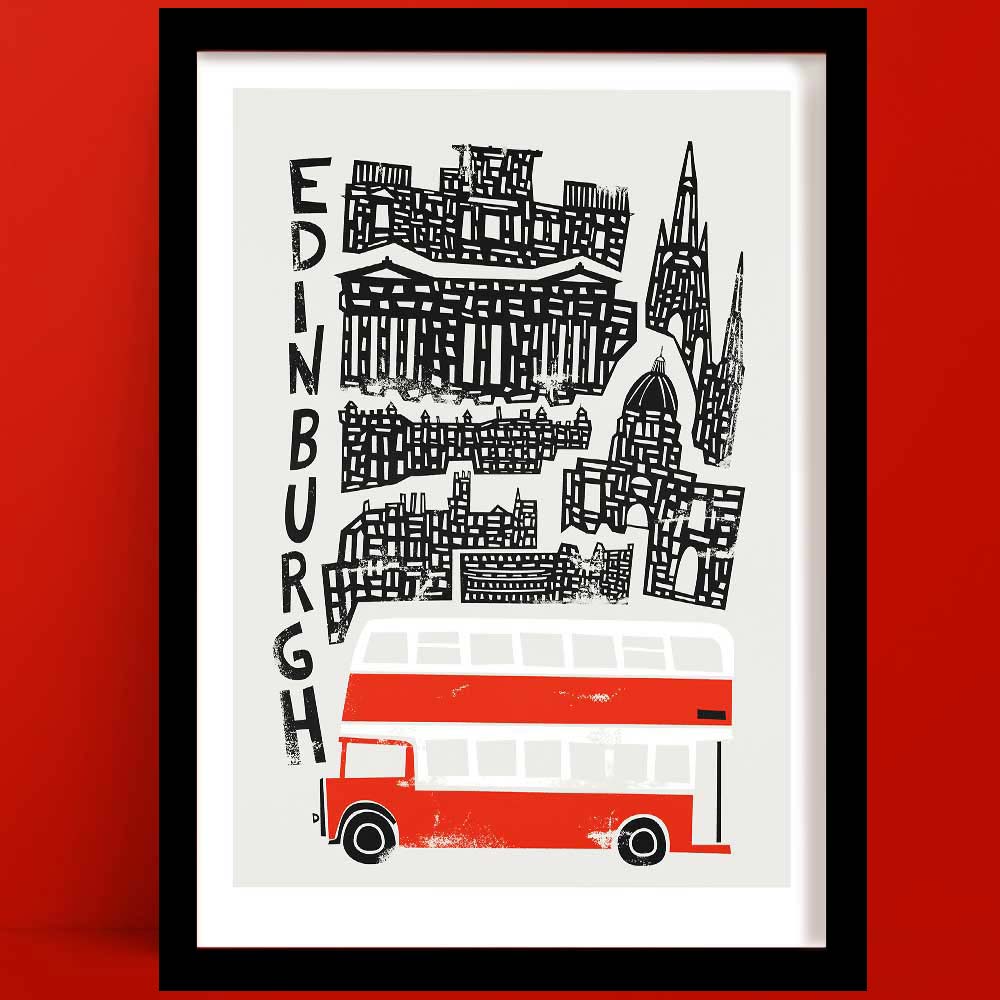 Illustrated Edinburgh print featuring historic landmarks and a classic red double-decker bus, hand-drawn in a whimsical, retro-inspired style.