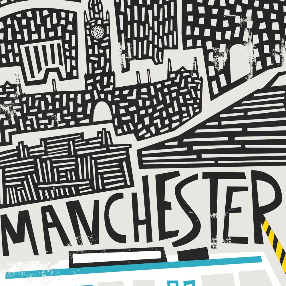 Close-up detail of the illustrated Manchester skyline and typographic treatment, with the Metrolink tram peeking through in sky blue and yellow.