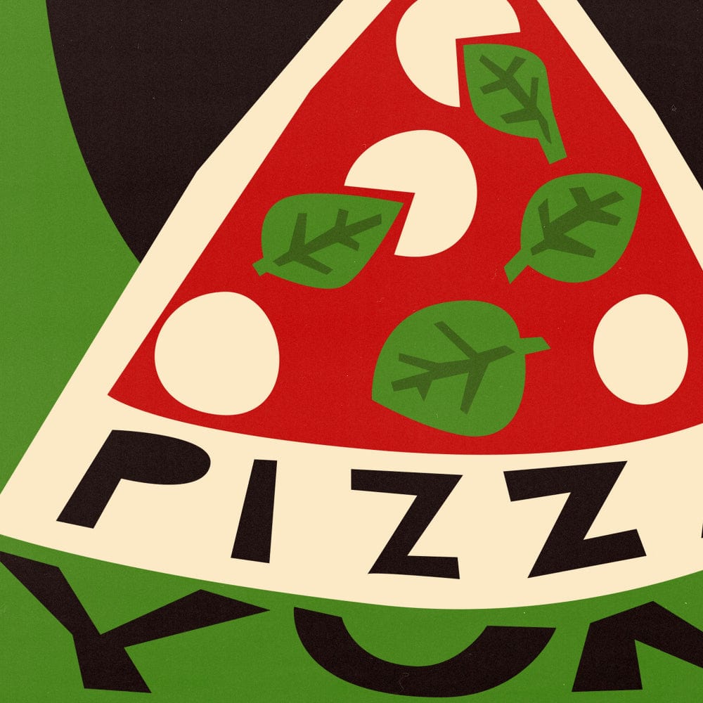 Close-up of the pizza print showing playful toppings and bold “PIZZA YUM” lettering at the base.