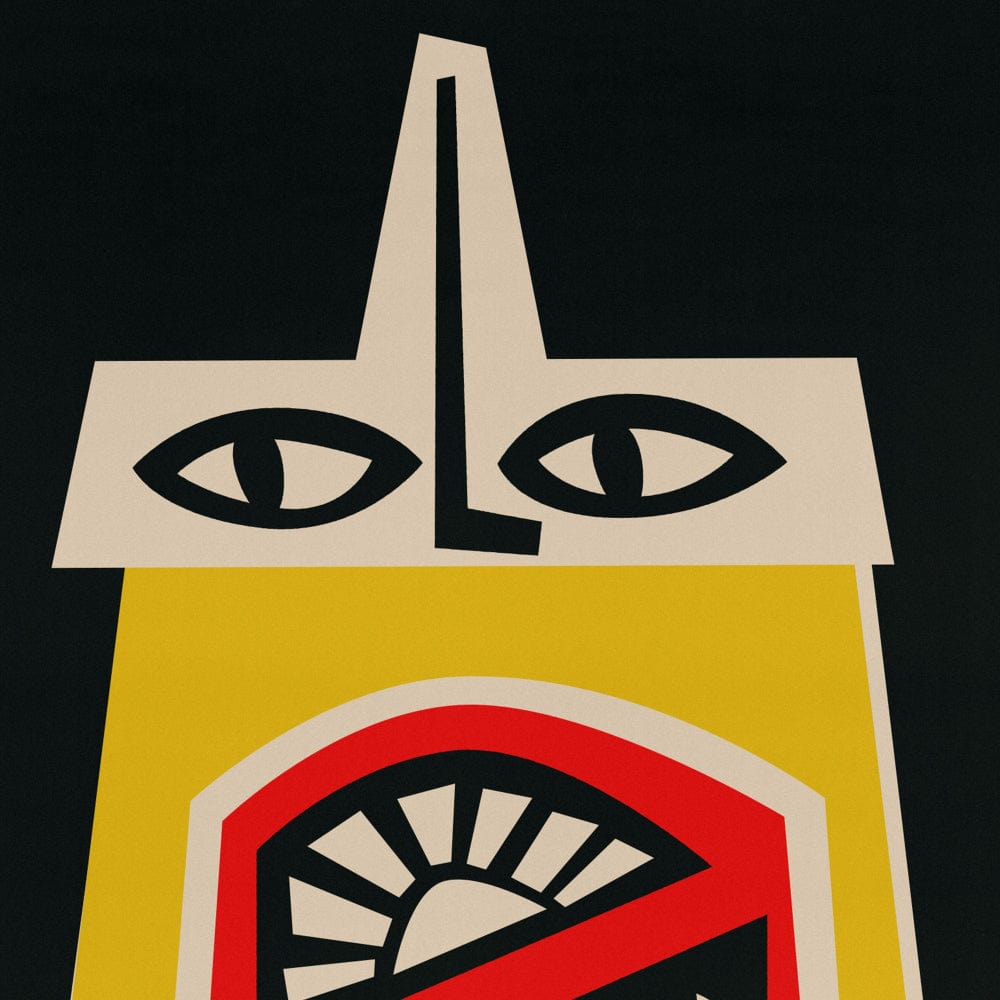 Close-up of mustard bottle illustration showing stylised spout, geometric eyes, and bold colour contrast.