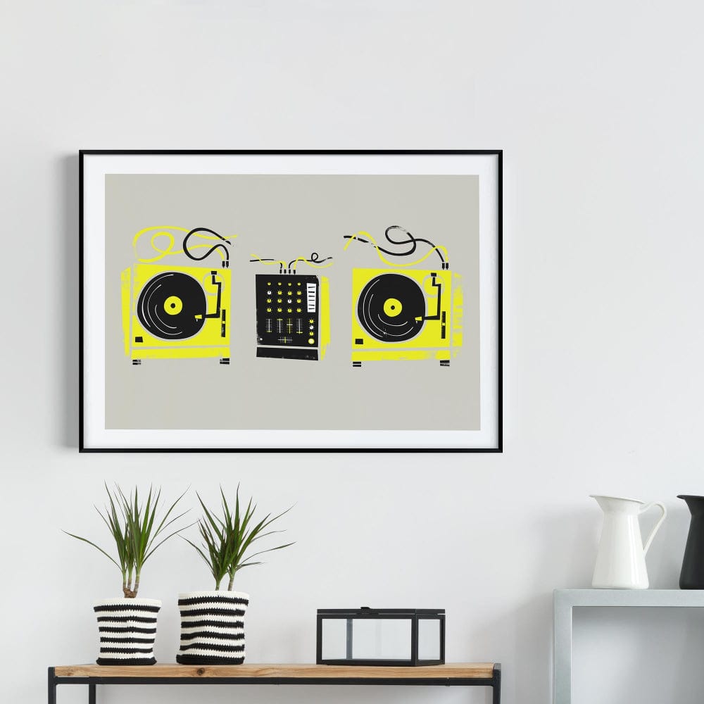 DJ decks art print hanging above a white console table with potted plants and black decor