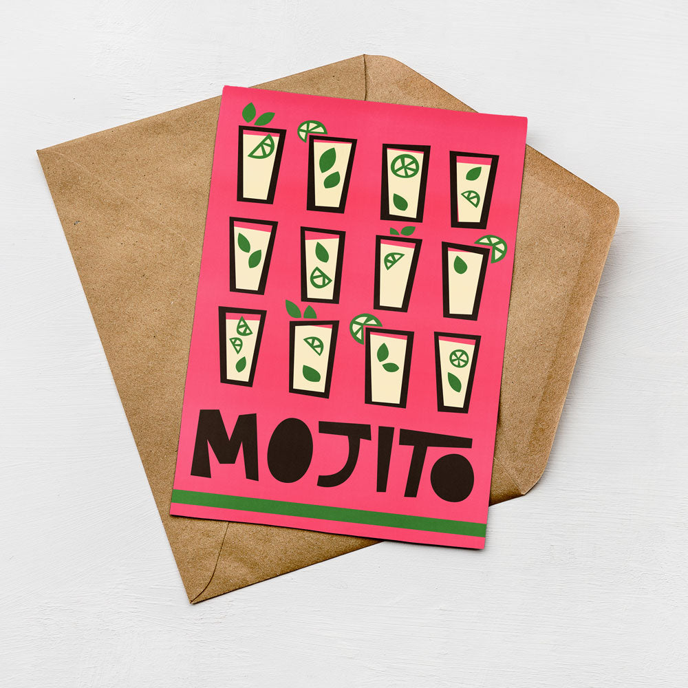 A card with a pink background and a brown envelope on a white background.