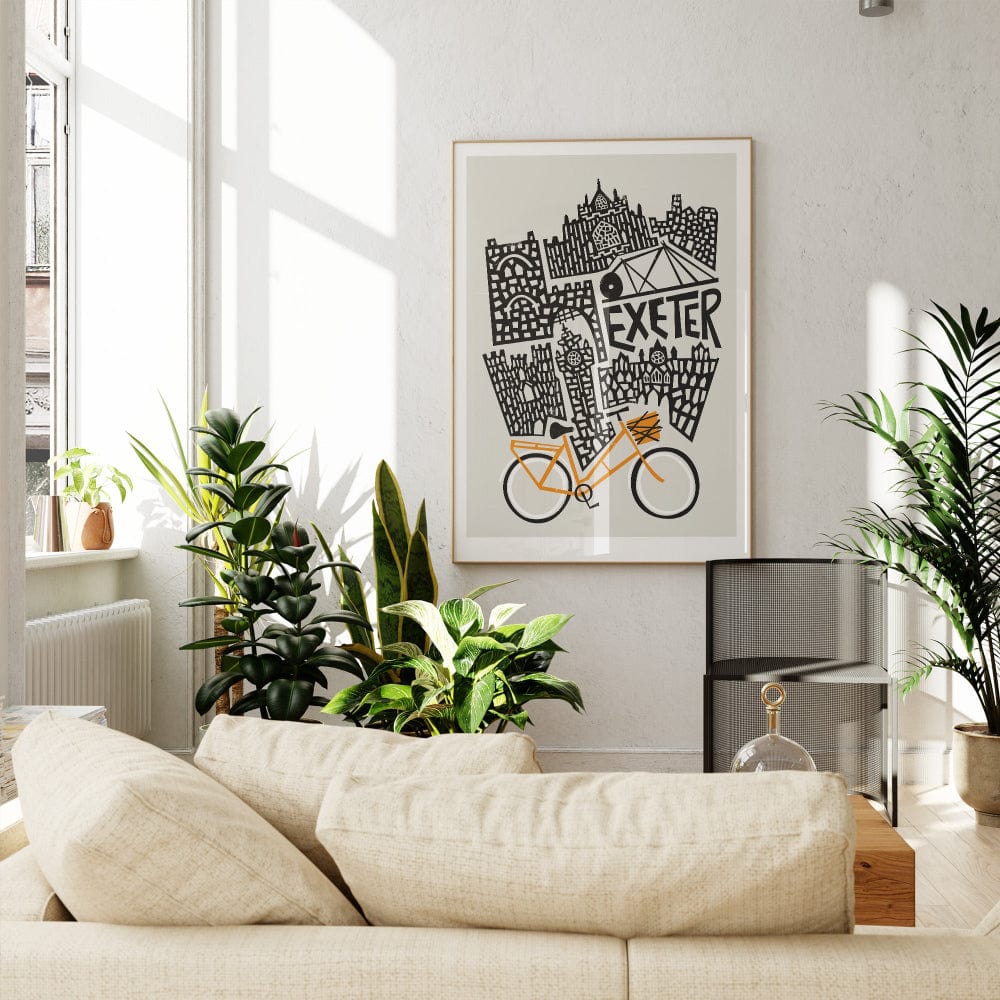 Preview of Exeter cityscape poster in neutral orage-and-cream palette with crisp white border