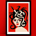 Bold Medusa print with illustrated snake hair and red background, framed in black