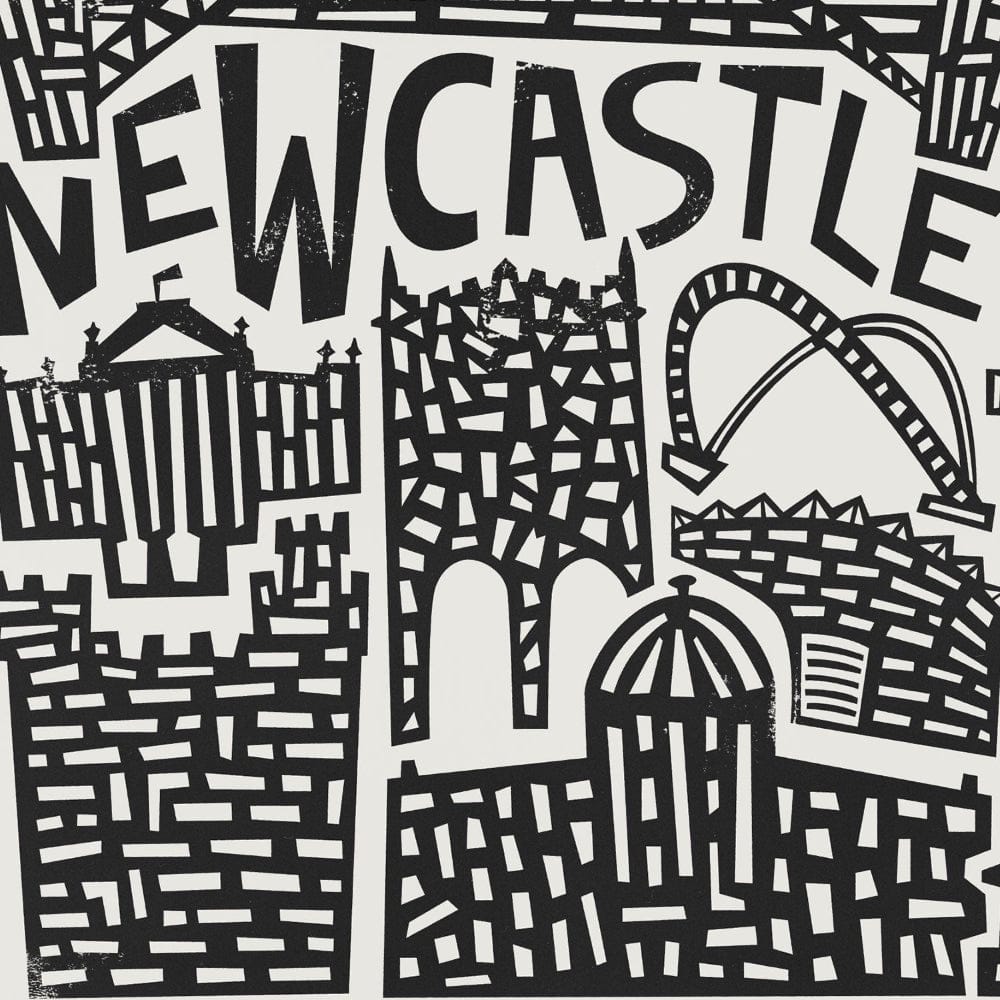Close-up view of the Newcastle print highlighting signature architectural icons like the Tyne Bridge and Sage Gateshead, drawn in a playful blocky style.