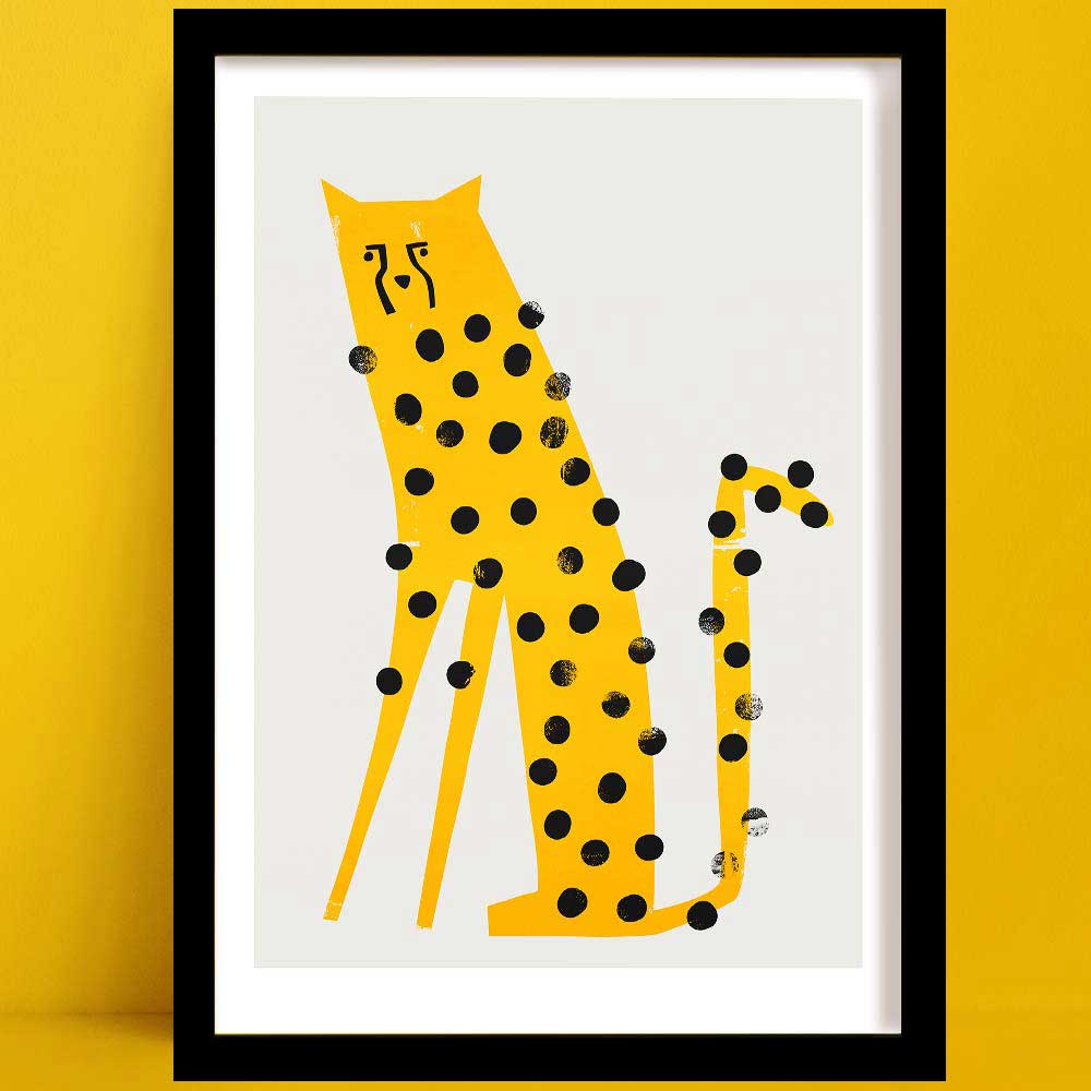 A cheetah print in a Playful illustration style, of a tall, slender yellow cheetah with bold black spots and an expression full of character, set against a clean white background.