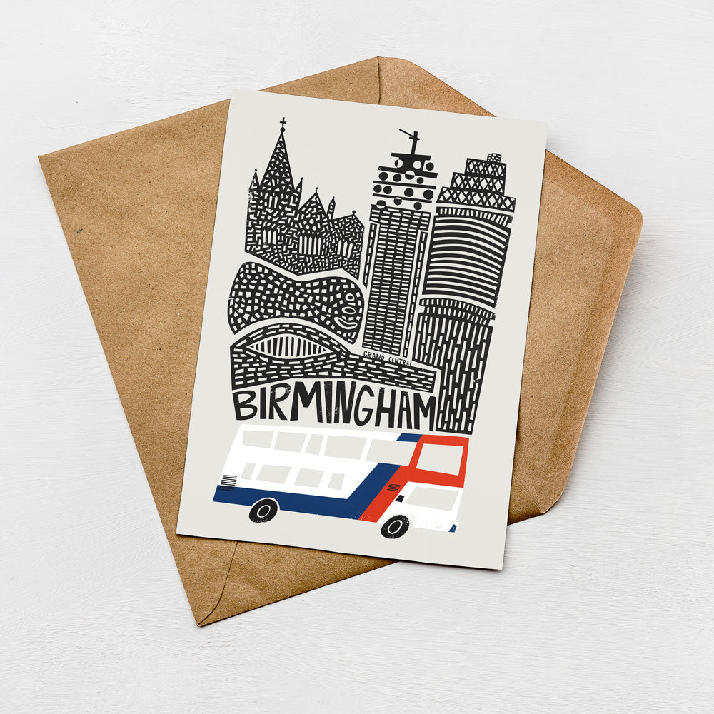 A card featuring an illustration of a city skyline with a double-decker bus, along with the text "Birmingham" prominently displayed.