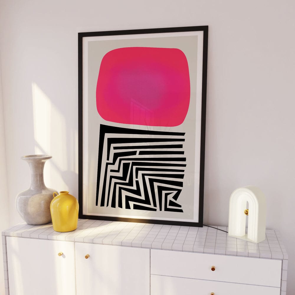 Contemporary abstract wall art hanging in a serene white room with soft lighting and sculptural decor.