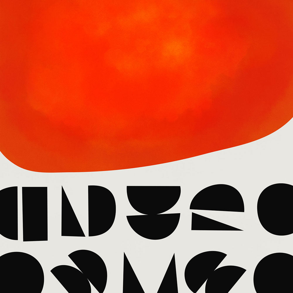 Abstract design with black geometric shapes on a white background and a red circular element.