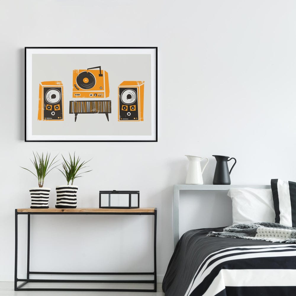 Framed stereo system artwork above a console table and bed, styled with plants and monochrome decor