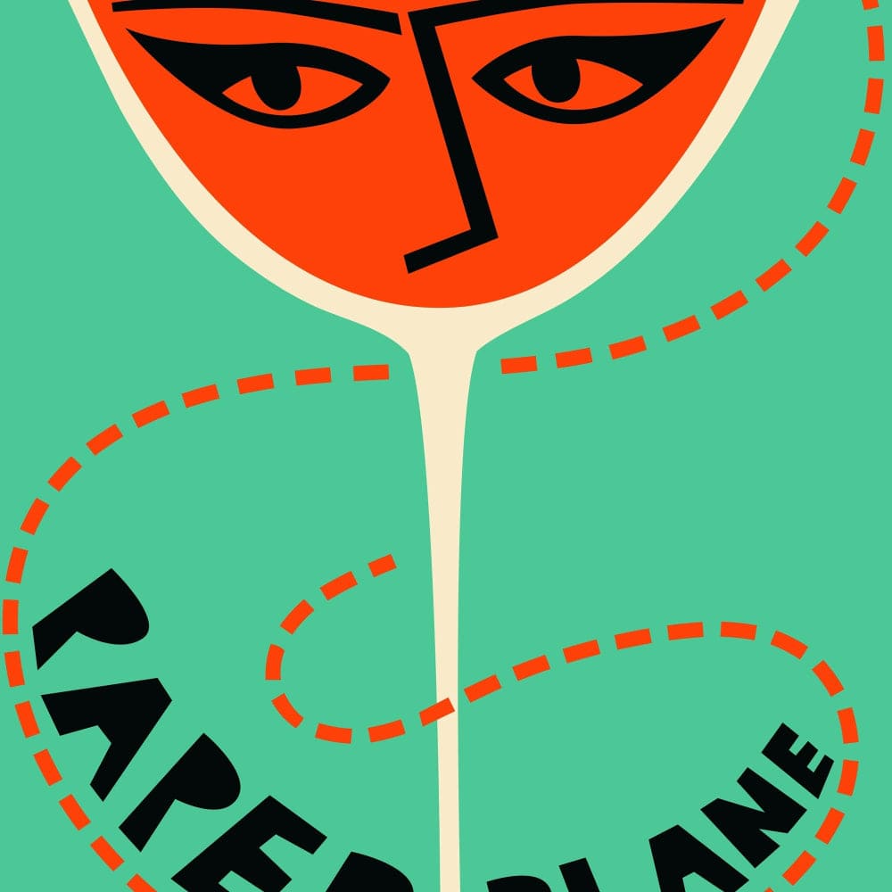 A zoomed-in view showing the glass’s expressive eyes, bold cocktail orange, and the looping dotted flight path of the paper plane swirling around the composition.