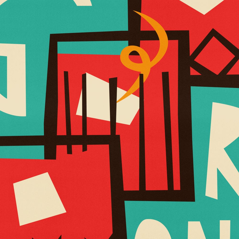 Close-up showing overlapping geometric glasses, ice cubes and twist garnish in a playful modern layout.