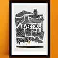 Our Liverpool print, in bold black-and-white, features iconic architecture and the famous Mersey Ferry illustrated at the bottom in colour.