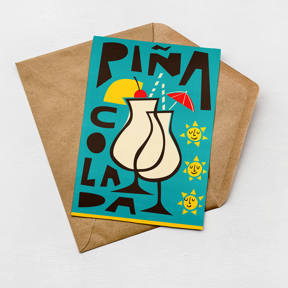 A colorful card with a tropical drink design, featuring a cocktail glass, a straw, and a sun-themed illustration.