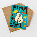 A colorful card with a tropical drink design, featuring a cocktail glass, a straw, and a sun-themed illustration.