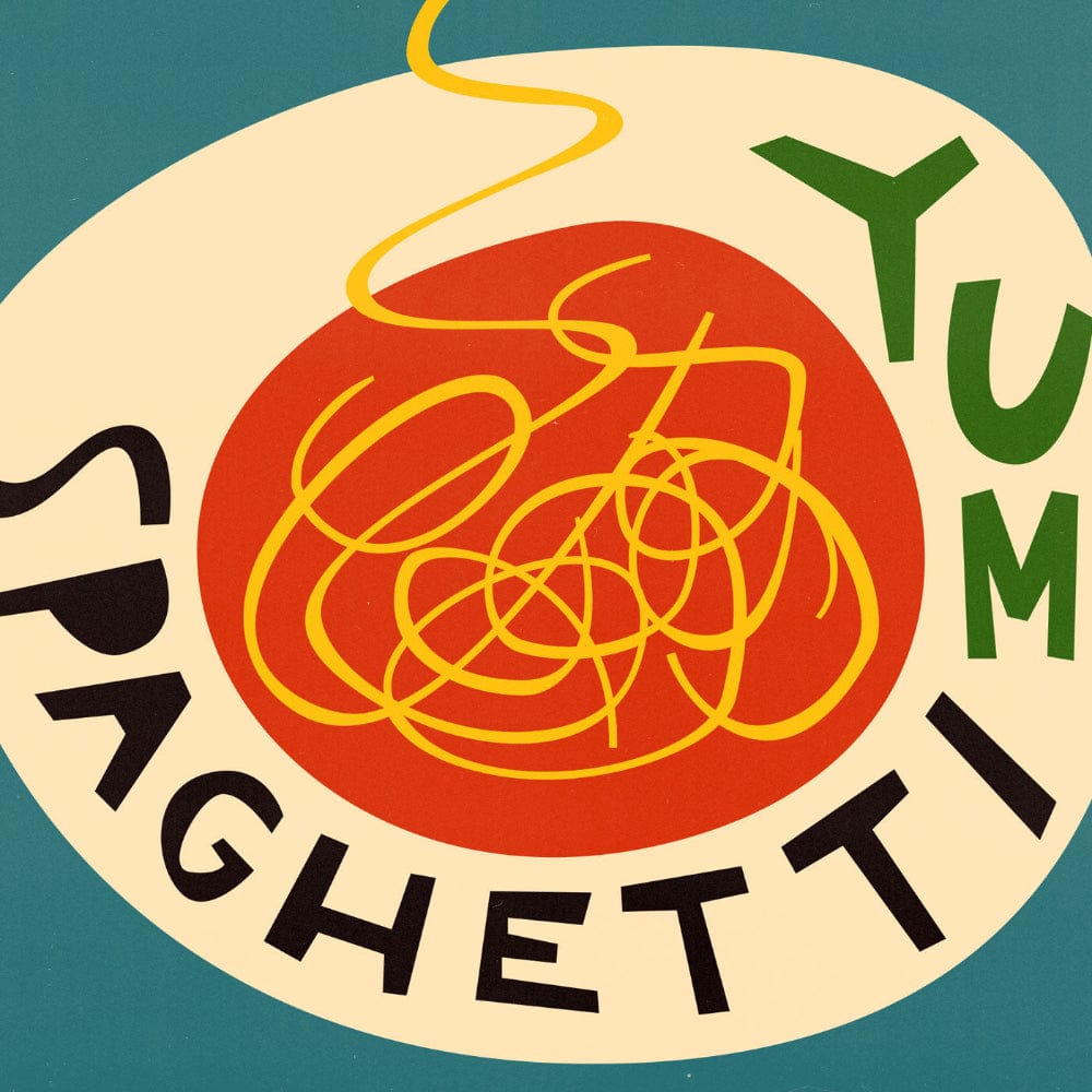 A close-up of the illustrated spaghetti swirl with its single noodle escaping upward, showing whimsical hand-drawn lettering around the plate.