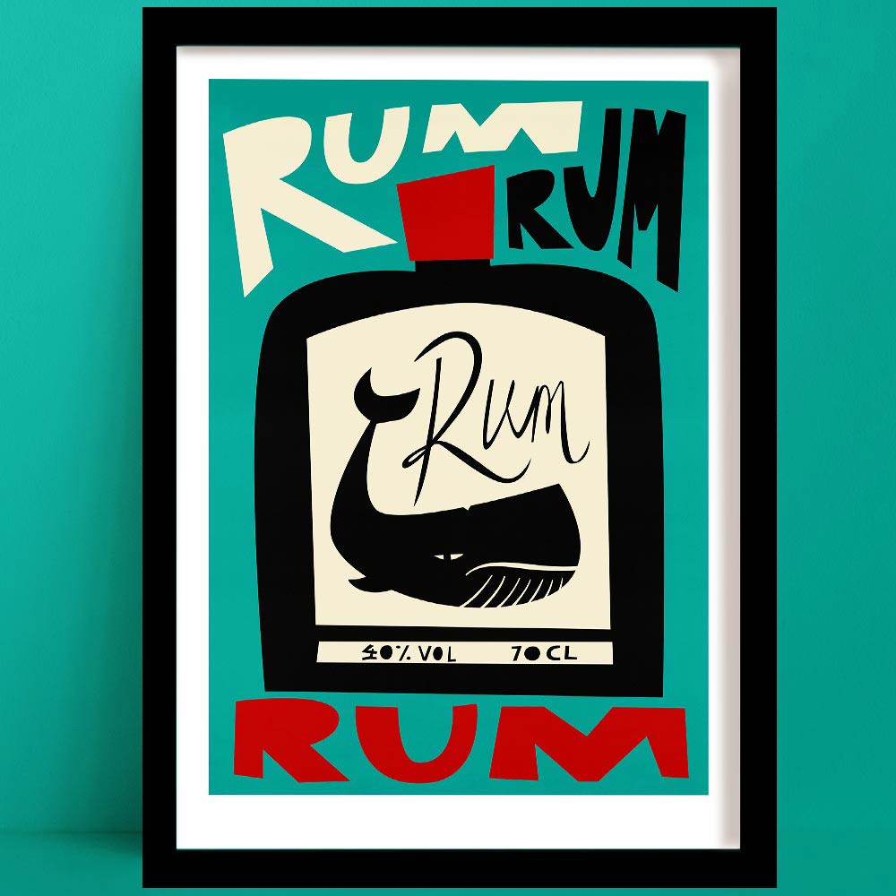 Bold typographic rum print featuring a stylised whale bottle design framed against a teal backdrop.