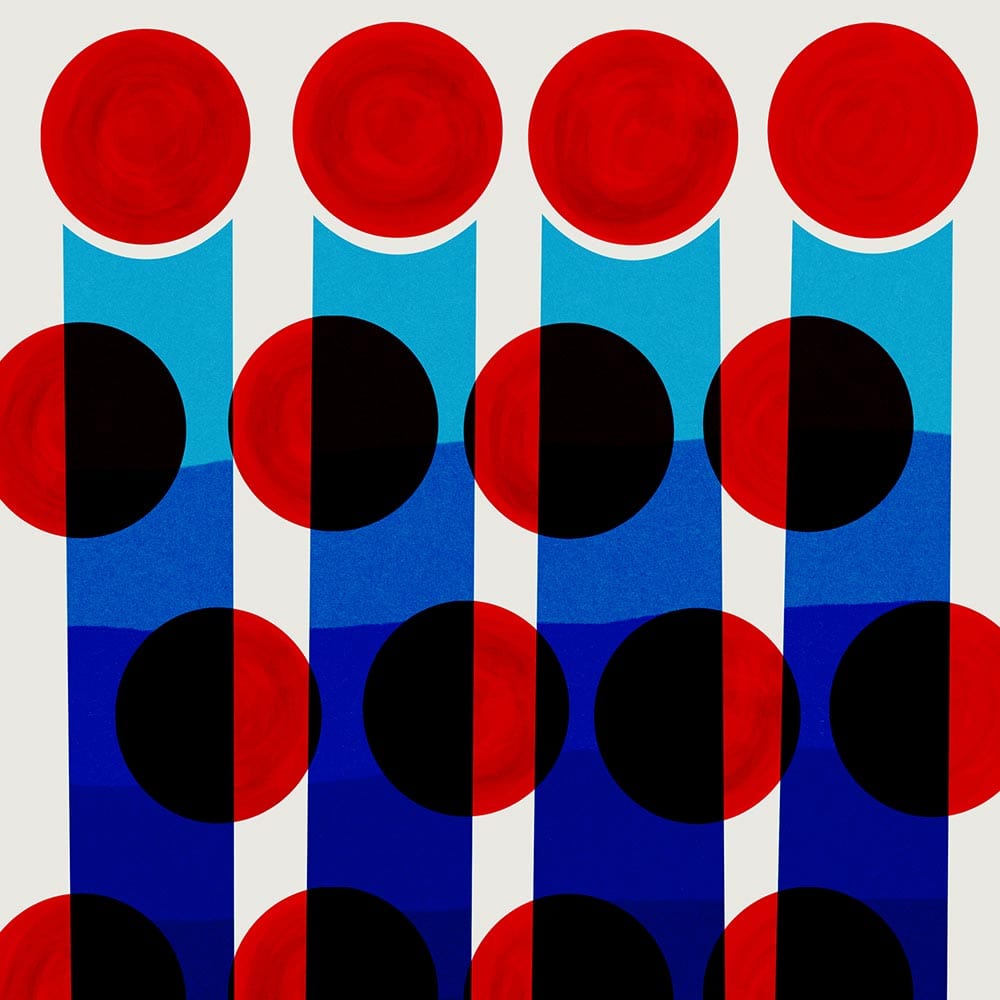Close-up view of the Flicker print showing the interplay of colour and opacity between the red, black, and navy circles over crisp blue vertical stripes.