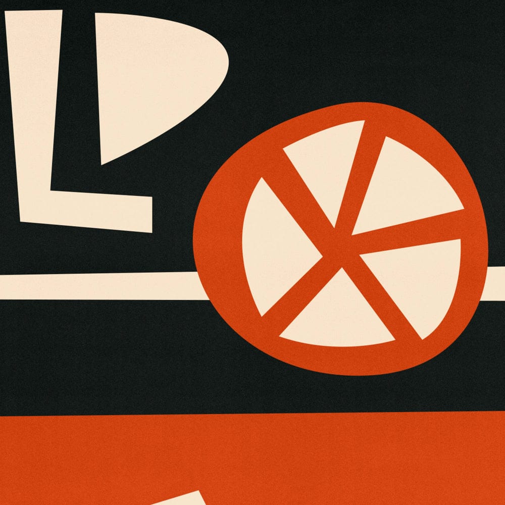 Close-up of the Old Fashioned artwork showing a stylised orange wheel and sharp black star shapes on a minimal black-and-rust background.