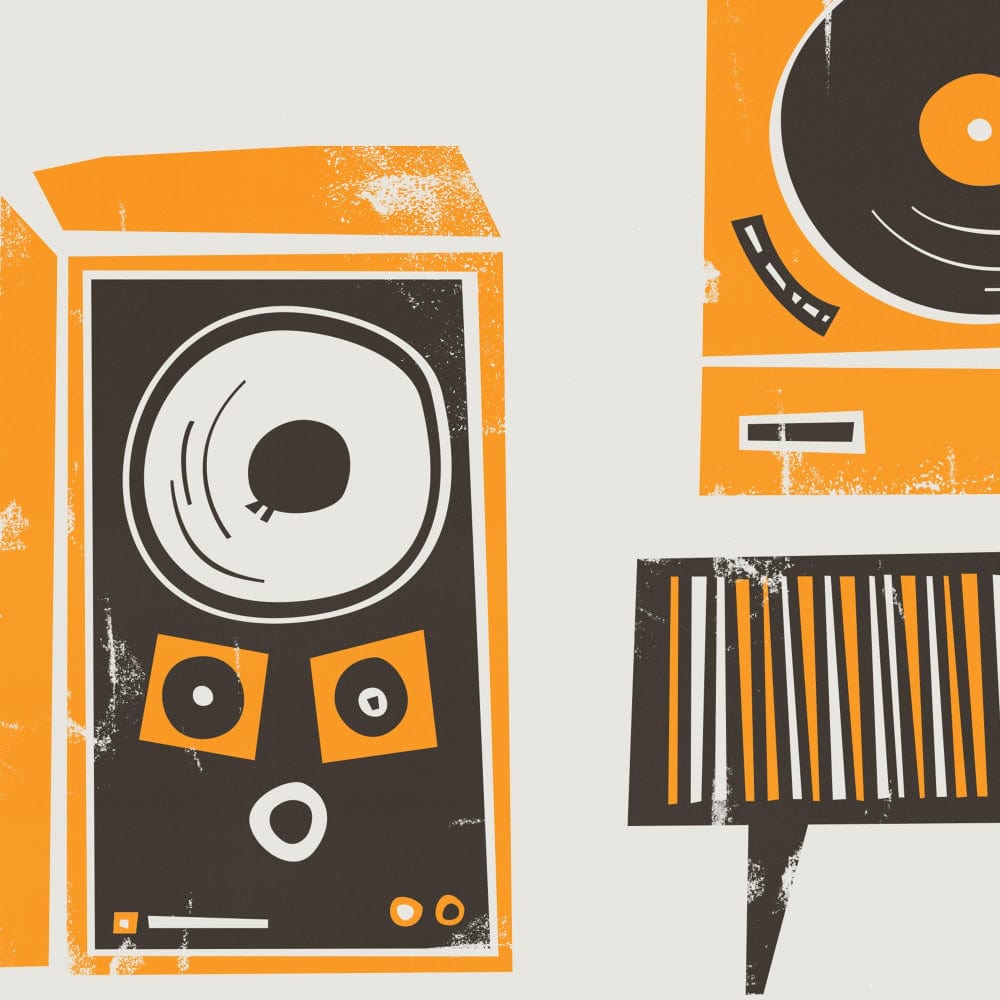 Close-up of retro stereo art print showing orange speaker details, vinyl player, and record shelf